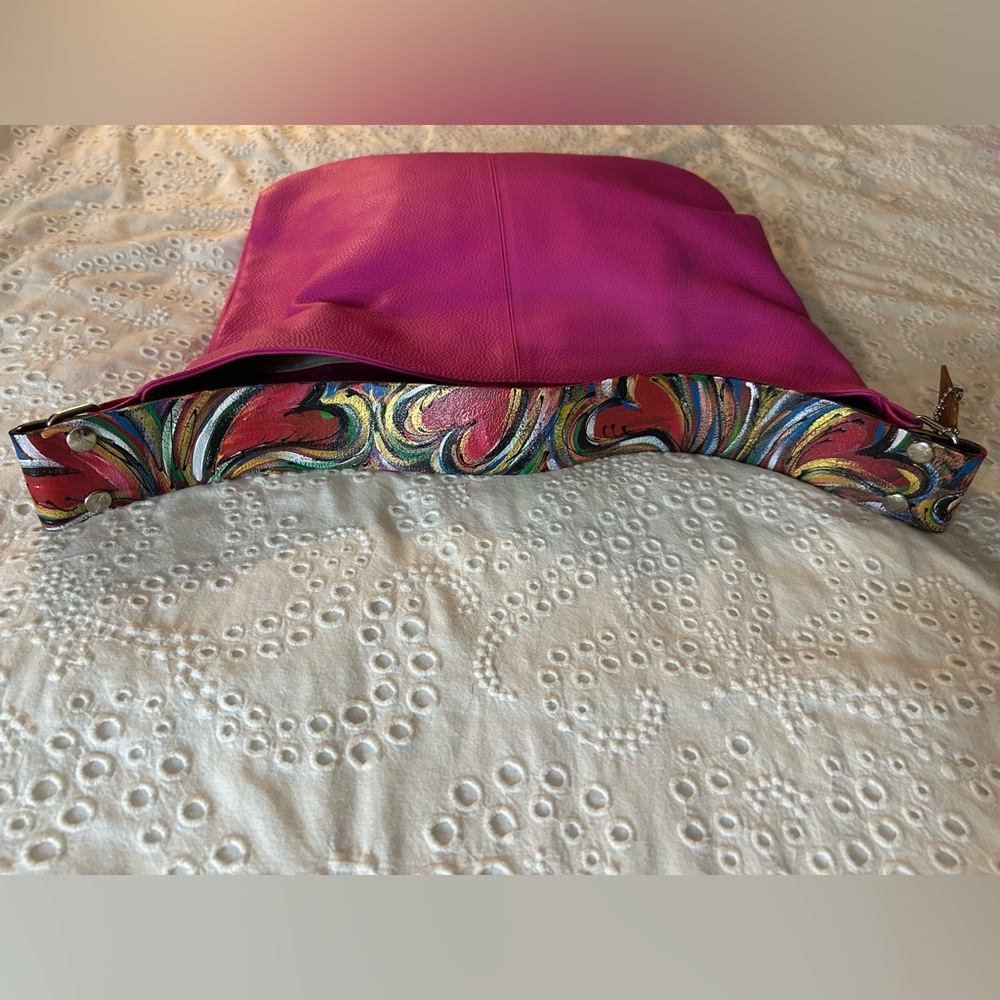 Katie Kalsi Pink Leather Hobo Bag With Hand Painted Strap